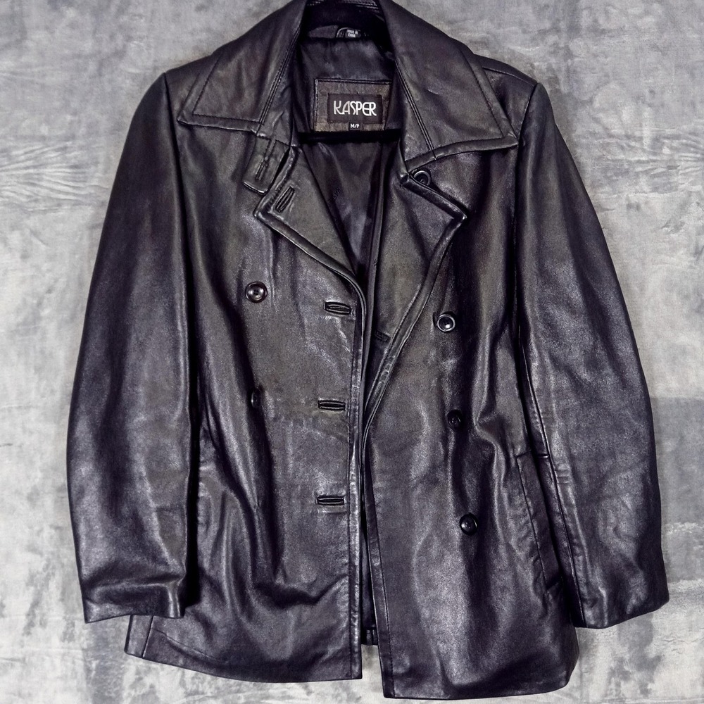 Kasper Jacket Womens‎ Medium Black Leather Double Breasted Peacoat Blazer